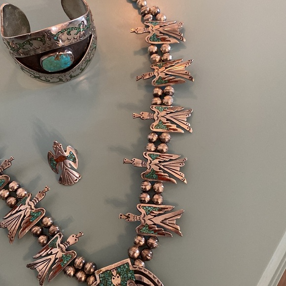 Silver Handmade Vintage Squash Blossom Necklace, Bracelet, Ring - Picture 7 of 16